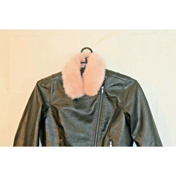 Candies Motorcycle Jacket Black Faux Leather Removable Pink Fur Collar XL - Picture 3 of 7